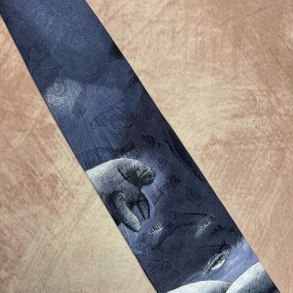 Vintage 90s Endangered Species Manatee Silk Neck Tie Animal Print Teacher Safari - Picture 2 of 8